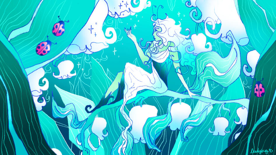A digital illustration of a nature spirit, with green skin and fantastical white hair, sitting in a patch of lilies of the valley. Pink ladybugs are perched on a few of the leaves.