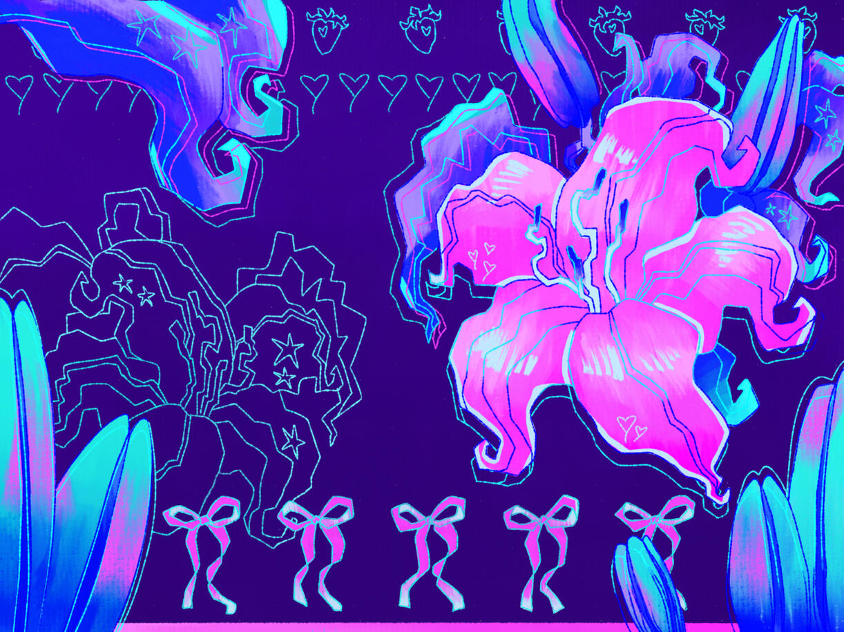 A digital illustration of a pink lily with vibrant teal highlights. The piece has a dark blue background, pink bows in a pattern along the bottom, as well as blue lily buds and leaves.