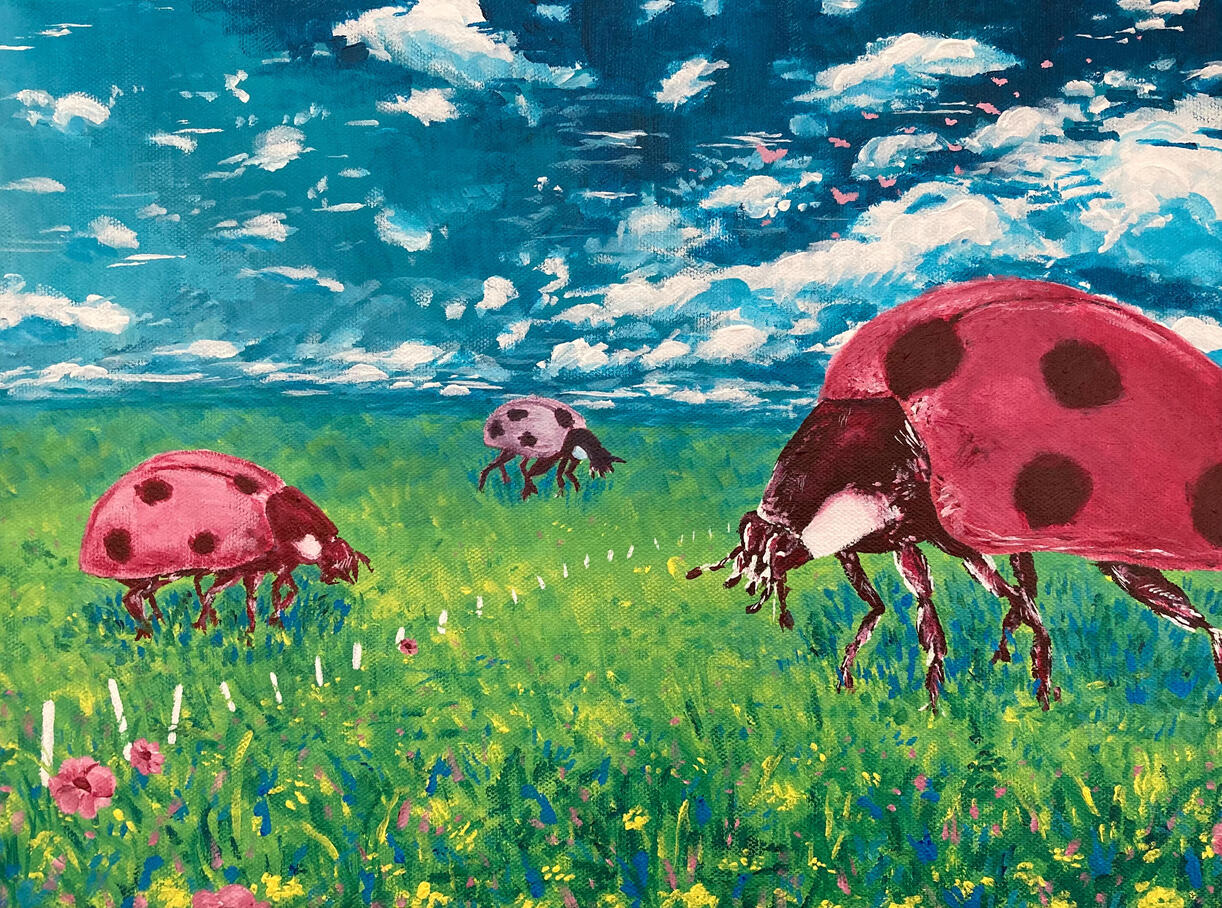 An acrylic painting of oversized ladybugs grazing in a flowery pasture. Small white fenceposts stand in the grass, and a flock of ladybugs are flying through the air in the distance.