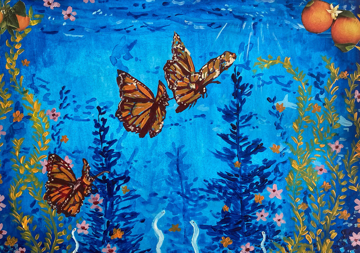 A mixed media painting of three monarch butterflies flying underwater. Pine trees and schools of fish are in the distance, and photos of oranges were collaged on.