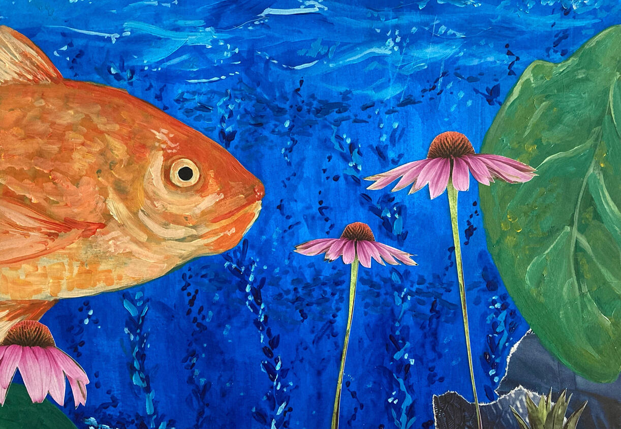 A mixed media painting of a goldfish underwater. Leaves and pink wildflowers are collaged on, almost reminiscent of a garden.