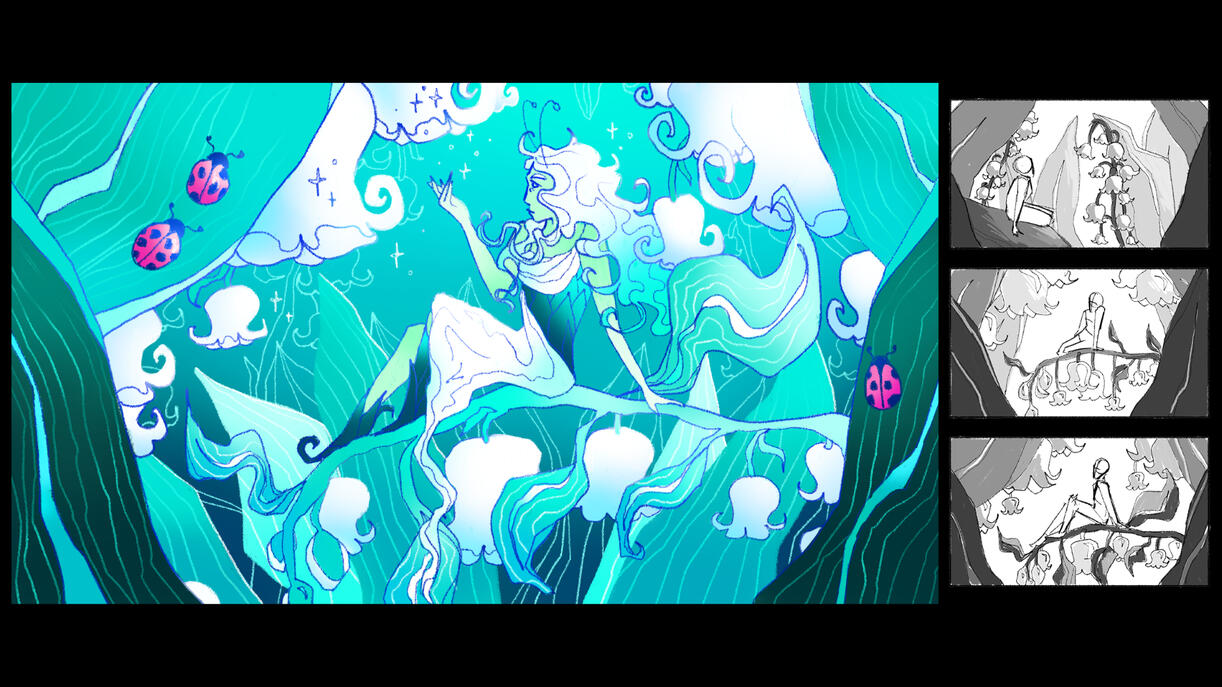 A digital illustration of a nature spirit, with green skin and fantastical white hair, sitting in a patch of lilies of the valley. Pink ladybugs are perched on a few of the leaves.