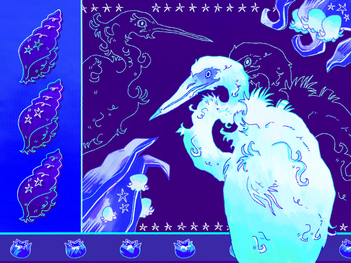 A monochromatic digital illustration of an egret with various patterns and objects. It is set with a blue background, lilies of the valley with blue leaves, blueberries, seashells, and more.