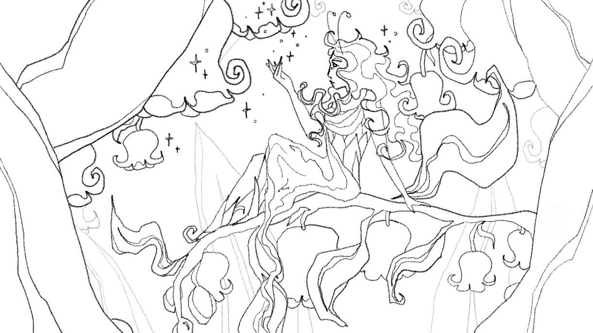 A digital illustration of a nature spirit, with green skin and fantastical white hair, sitting in a patch of lilies of the valley. Pink ladybugs are perched on a few of the leaves.