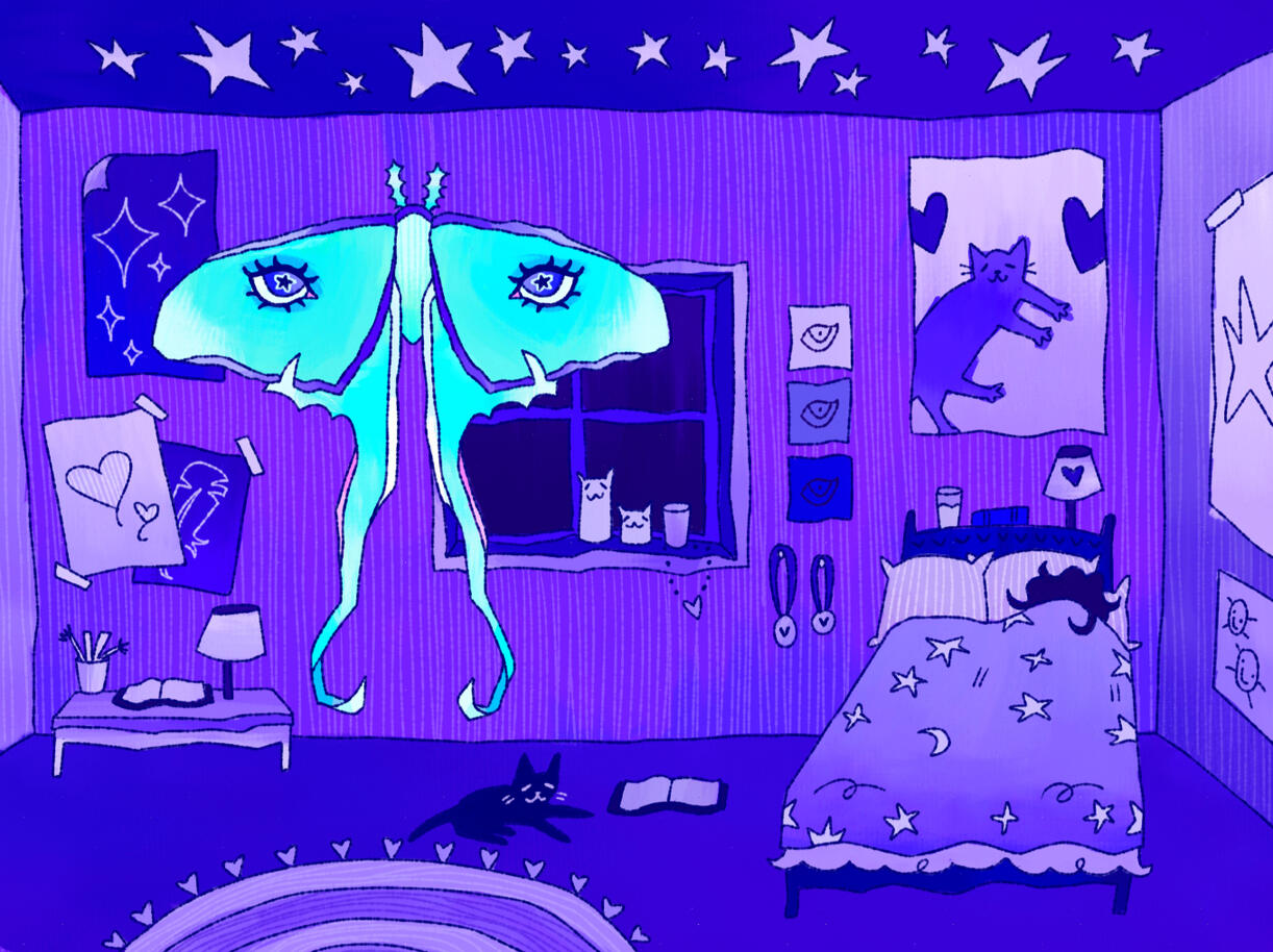 A digital illustration of a childhood bedroom in a monochromatic purple color palette, with a little girl sleeping in her bed on the right, her hair covering her face, and a small table on the left. There are posters on the walls and stars on the ceiling,